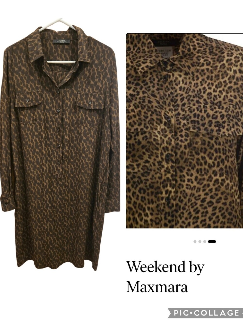 Weekend by MaxMara Leopard Print Shirt Pure Silk Dress - Brown Sz L-XL Like New